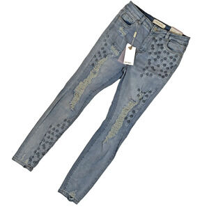 Most Wanted Jeans Skinny Ankle Womens Jr 7/28 Ripped Denim Smiley Face NWT
